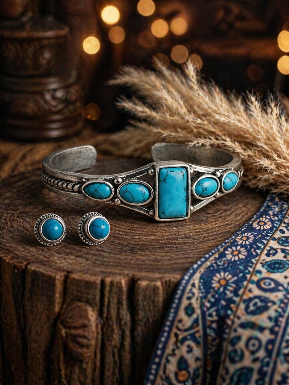 Silver Cuff Bracelet Earrings Set Faux Turquoise Coastal Cowgirl Western Boho
